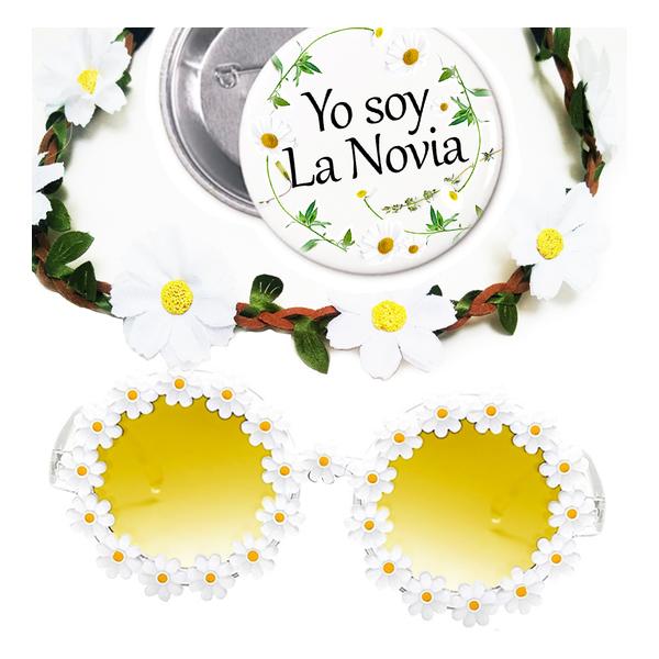 KIT FLOWER POWER GAFAS CORONA MARGARITAS CHAPA YO SOY LA NOVIA