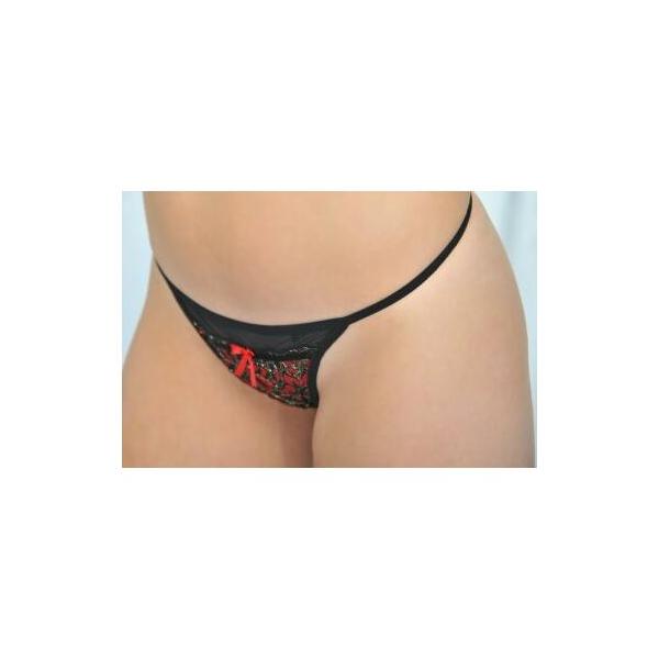 TANGA SEXY DELUXE DE MICROTUL NEGRO CON ENCAJE BORDADO EN ROJO CON HILOS DORADOS NEGRO - imagen 1